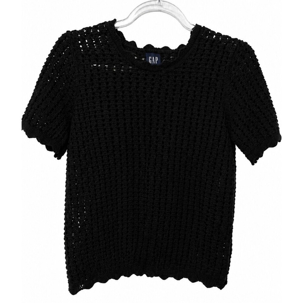 GAP Black Open Crochet Scalloped Edge Short Sleeve Sweater Tee Shirt Top Medium